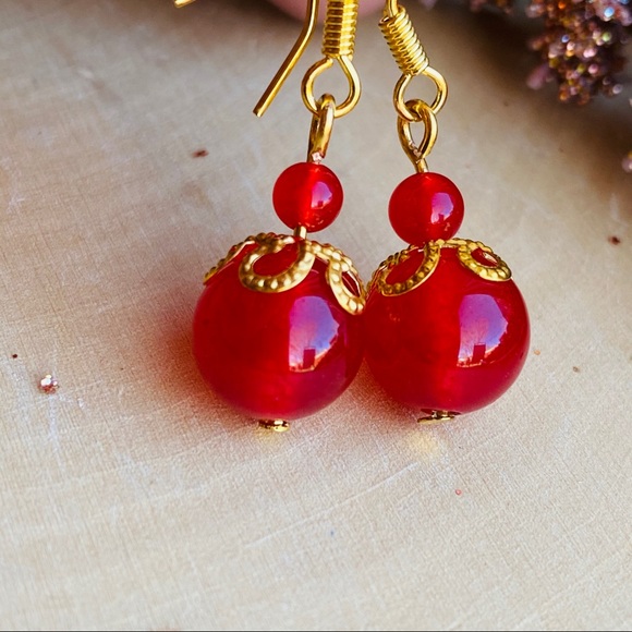Red Jade Gold Drop Earrings - Picture 7 of 7